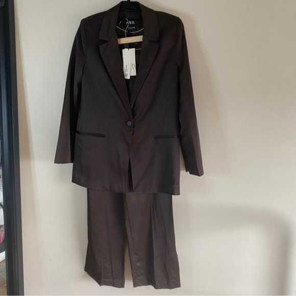 𝅺zara 2 Piece SUIT - BLAZER AND FULL LENGTH SATIN EFFECT PANTS BROWN - Picture 11 of 16